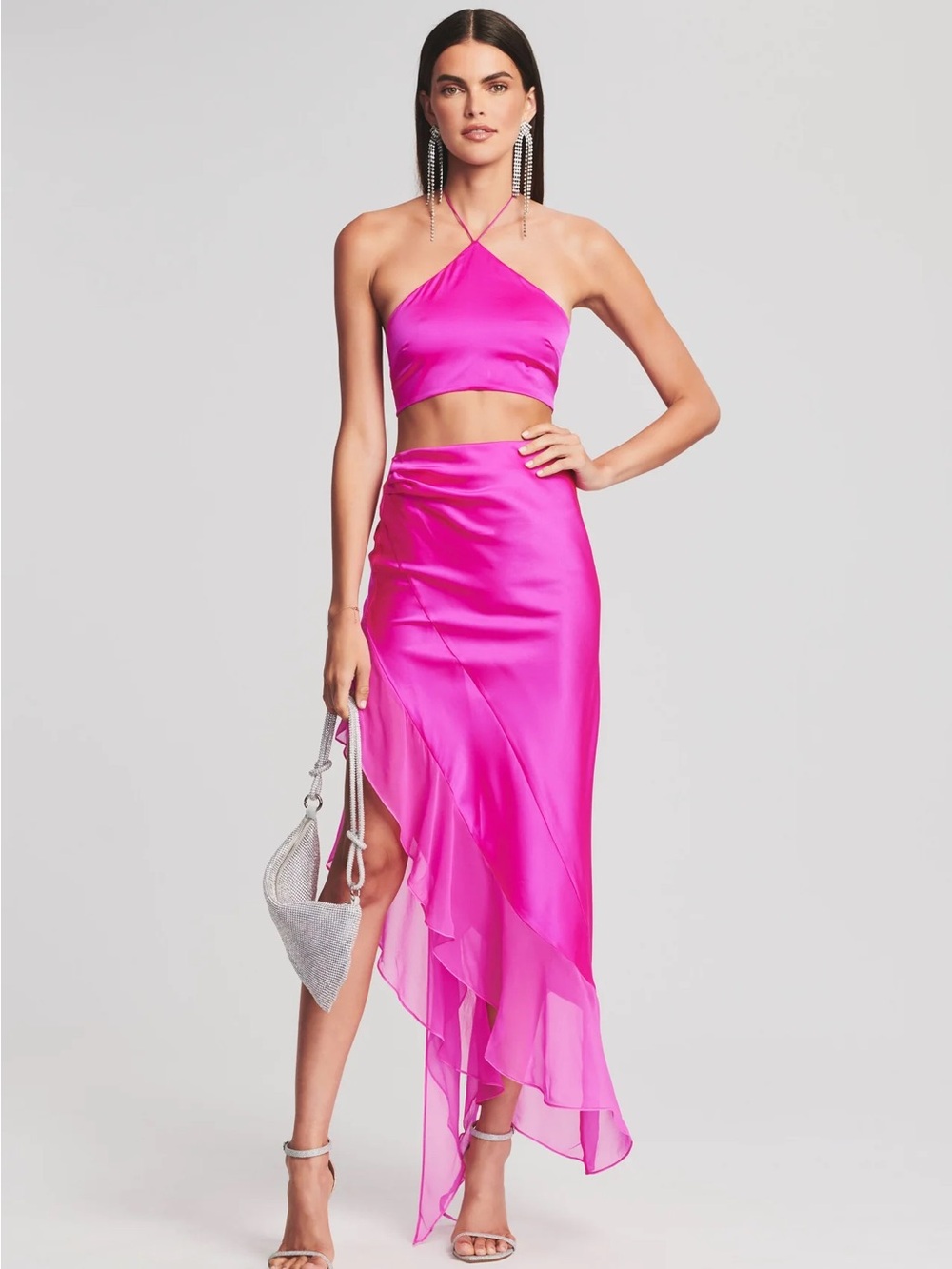 Retrofete Hot Neon Pink Satin Asymmetrical Ruffle Belinda Skirt Sz M NWT